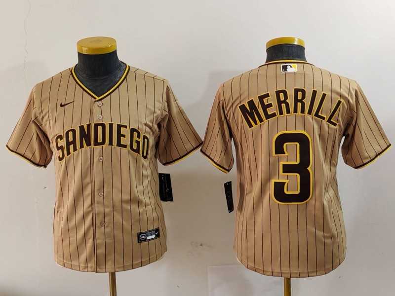 Youth San Diego Padres #3 Jackson Merrill Tan 2023 Cool Base Stitched Jersey->mlb youth jerseys->MLB Jersey